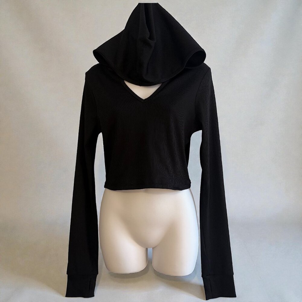 Forever 21 Ribbed Black Cropped Hoodie Top | Size L | Excellent Condition - Picture 2 of 8